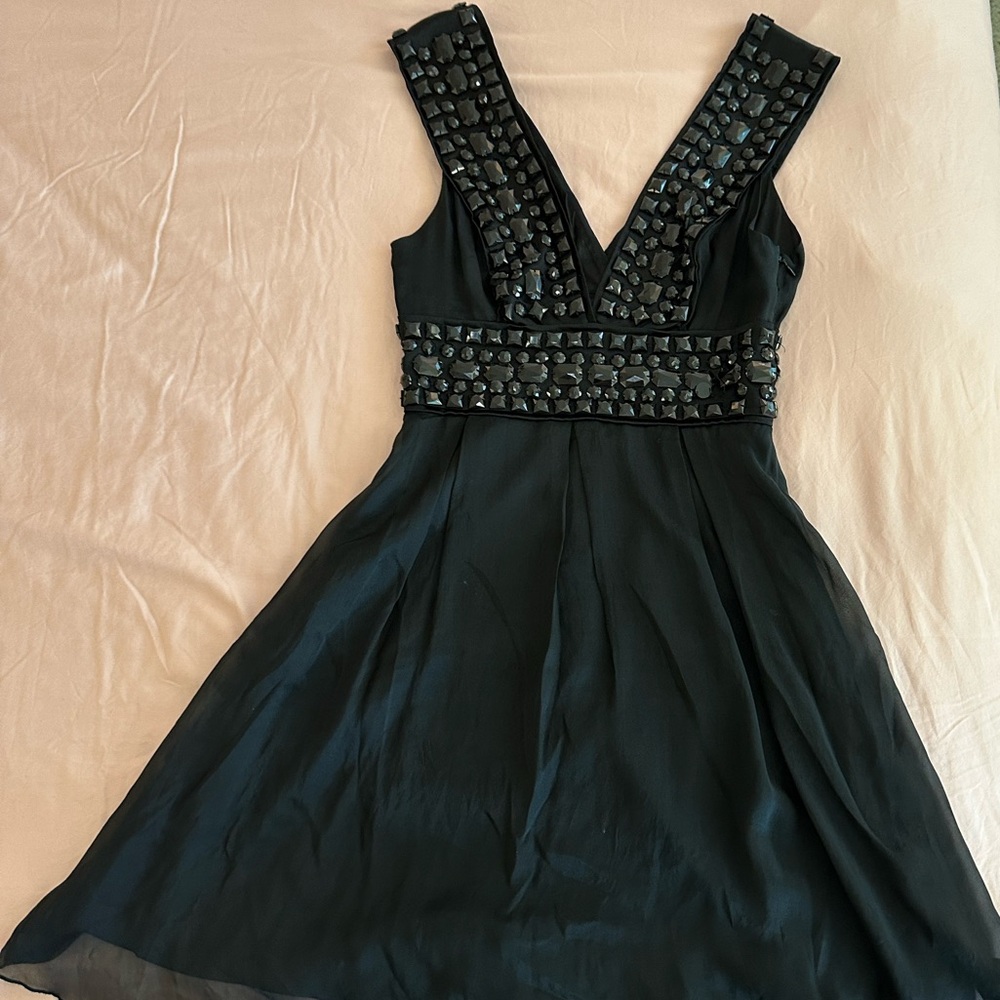 Bebe Black Bejeweled Silk V-Neck Mini Dress